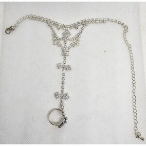 Vintage Rhinestone Bracelet & Ring Slave Chain Hand Harness Jewelry Silver Tone